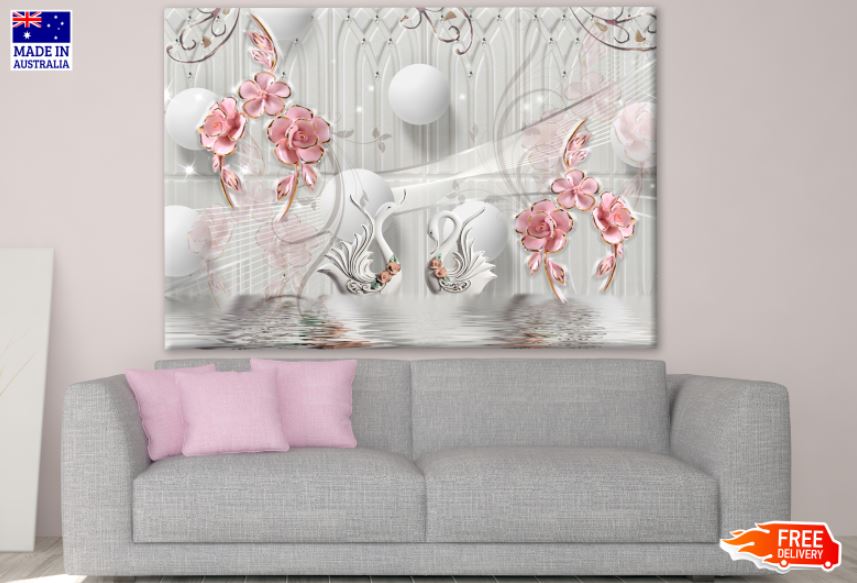 Pink Gold Flowers & Swans 3D Design Print 100% Australian Made