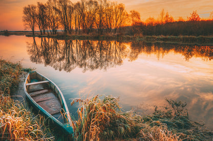 Boat on Lake at Sunset Photograph Home Decor Premium Quality Poster Print Choose Your Sizes