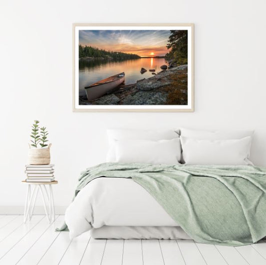 Boat on River Bank Sunset Photograph Home Decor Premium Quality Poster Print Choose Your Sizes