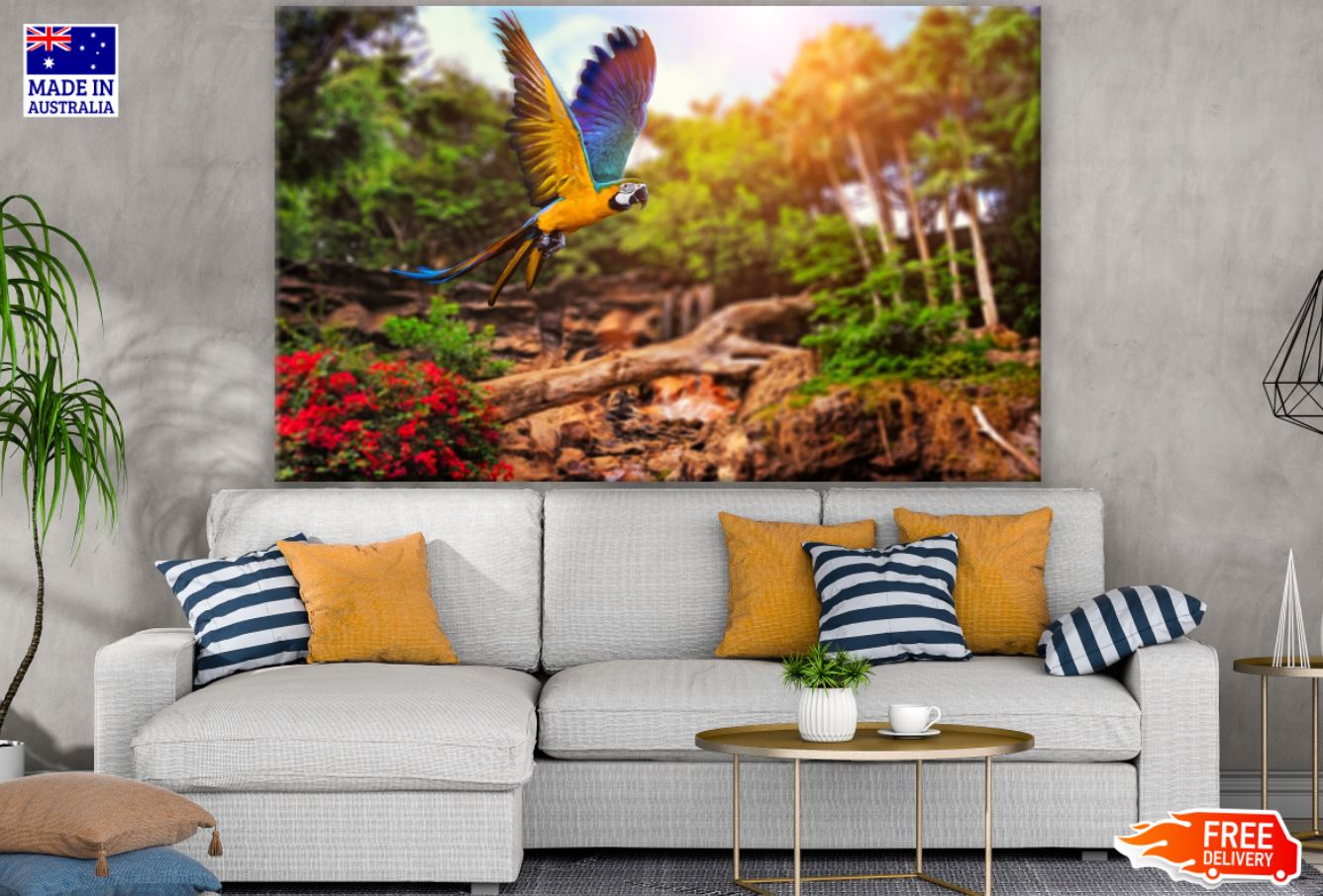 Macaw Parrot fly in Forest Photograph Print 100% Australian Made