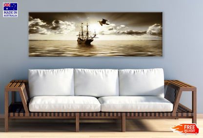 Panoramic Canvas Ship on Sea Old Photograph High Quality 100% Australian made wall Canvas Print ready to hang