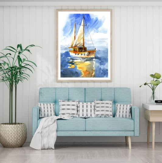 Boat on Sea Watercolor Painting Home Decor Premium Quality Poster Print Choose Your Sizes