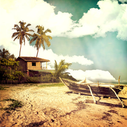 Square Canvas Boat & Beach House Near Sea Photograph High Quality Print 100% Australian Made