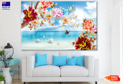 Flowers & Swans Scenery Digital Art Print 100% Australian Made