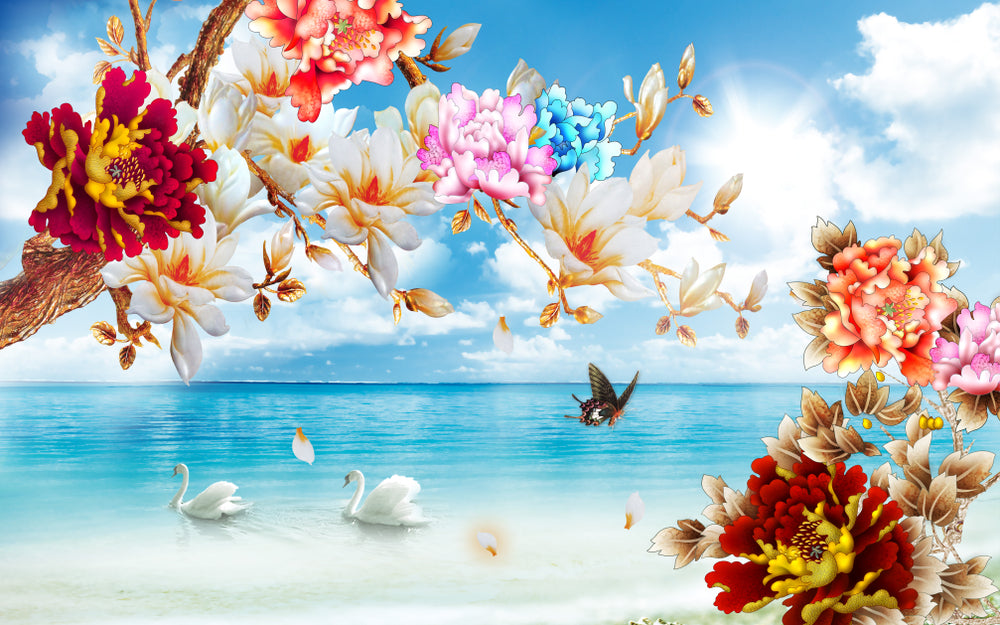 Flowers & Swans Scenery Digital Art Print 100% Australian Made