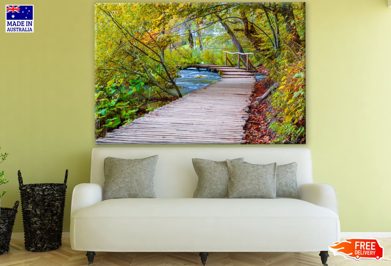 Wooden Pathway Over Water Stream in Forest Photograph Print 100% Australian Made