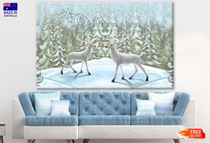 White Snow Deers in Snow Forest Painting Print 100% Australian Made