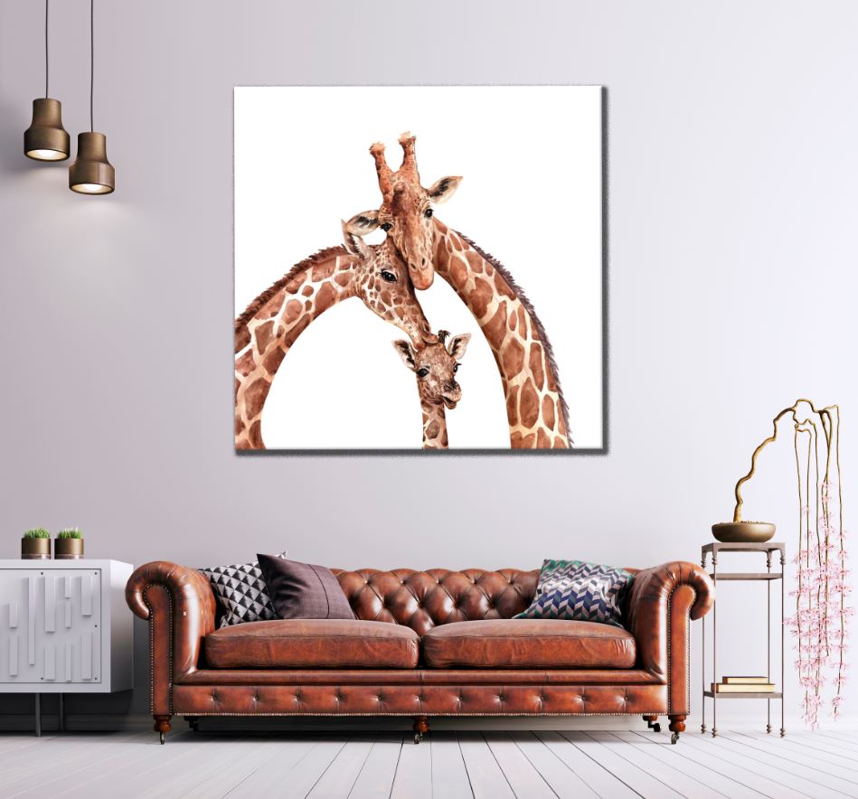 Square Canvas Giraffe Family Watercolor Art High Quality Print 100% Australian Made