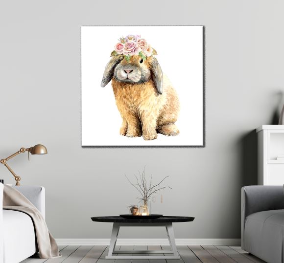 Square Canvas Rabbit with Floral Headdress Watercolor Painting High Quality Print 100% Australian Made