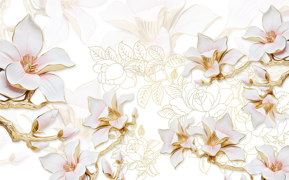 3D White & Gold Floral Design Home Decor Premium Quality Poster Print Choose Your Sizes