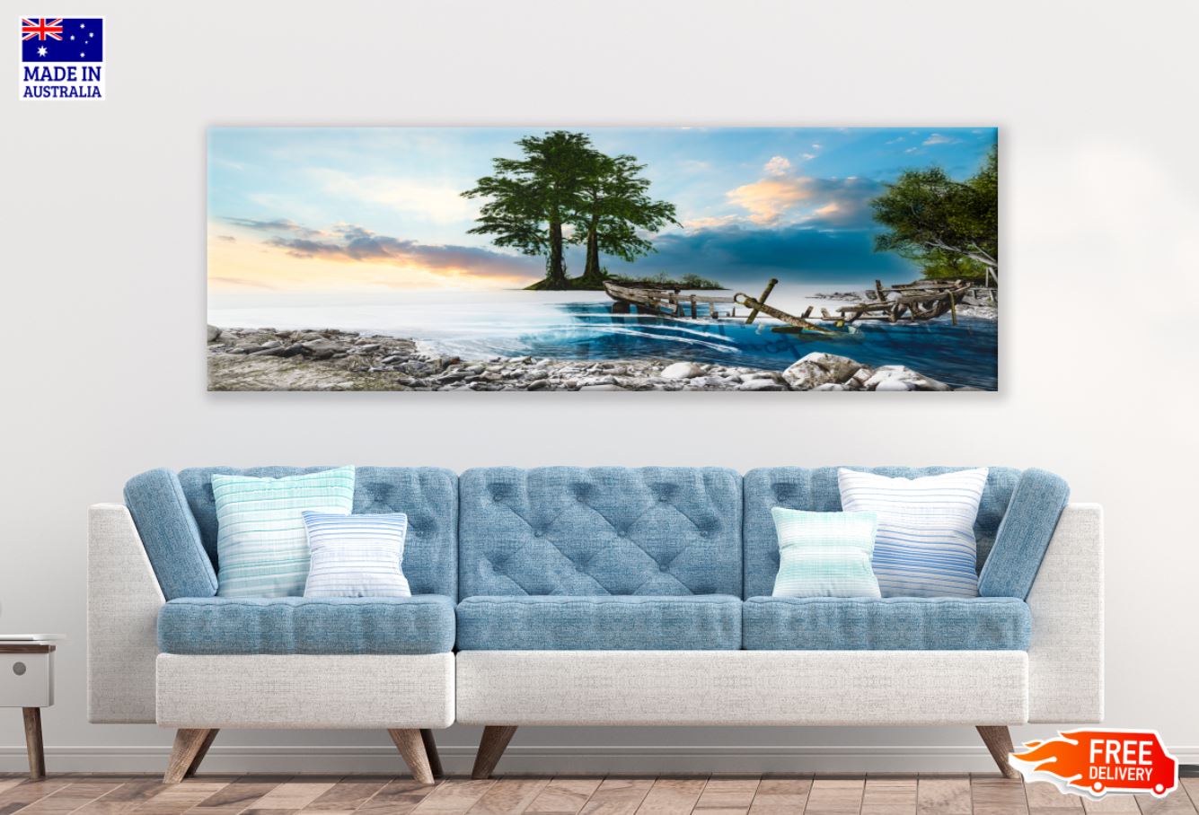 Panoramic Canvas Broken Boat on Sea Nature View High Quality 100% Australian made wall Canvas Print ready to hang