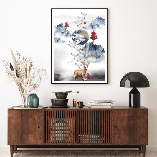 Mountains & Deer Nature 3D Design Home Decor Premium Quality Poster Print Choose Your Sizes