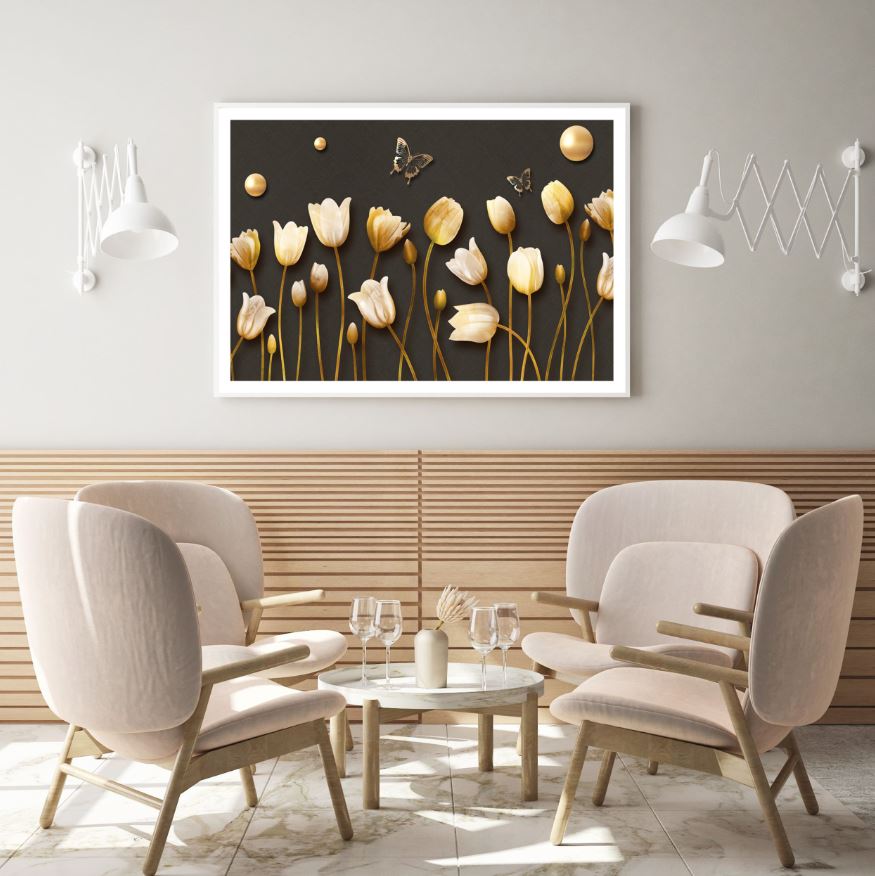 Flowers & Butterflies Golden 3D Design Home Decor Premium Quality Poster Print Choose Your Sizes