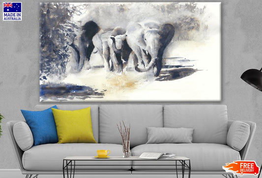 B&W Elephants Walking in Forest Watercolor Painting Print 100% Australian Made