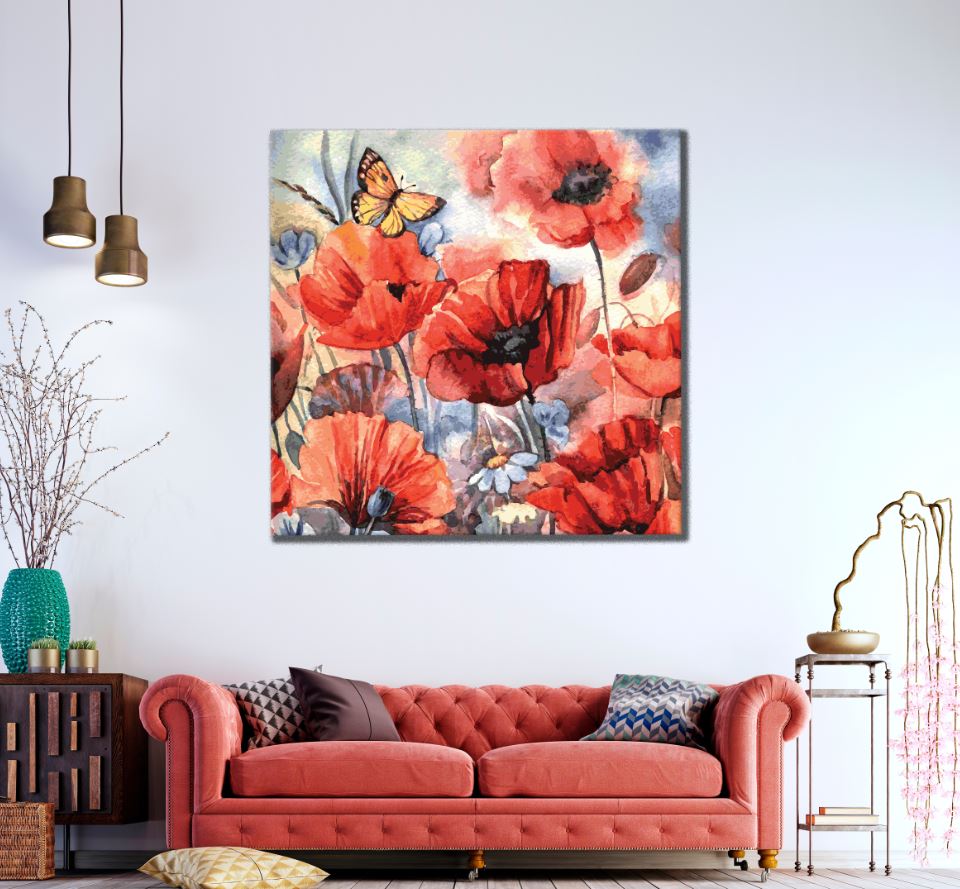 Square Canvas Red Flowers & Butterflies Watercolor Painting High Quality Print 100% Australian Made