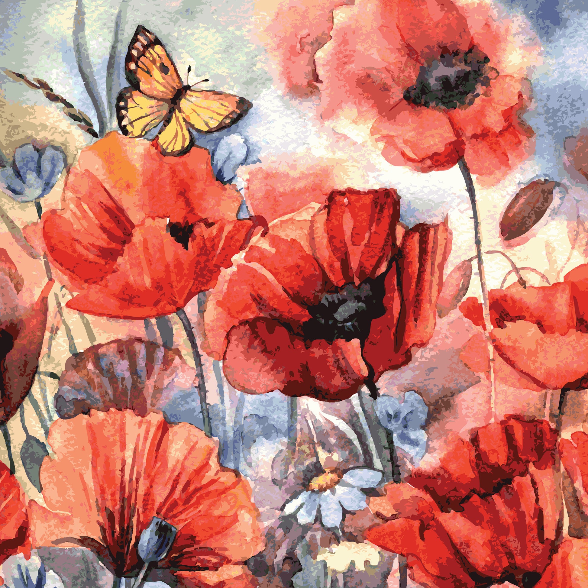 Square Canvas Red Flowers & Butterflies Watercolor Painting High Quality Print 100% Australian Made