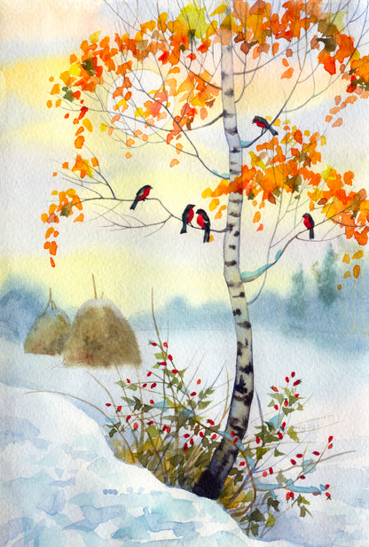 Birds on Tree Watercolor Painting Home Decor Premium Quality Poster Print Choose Your Sizes