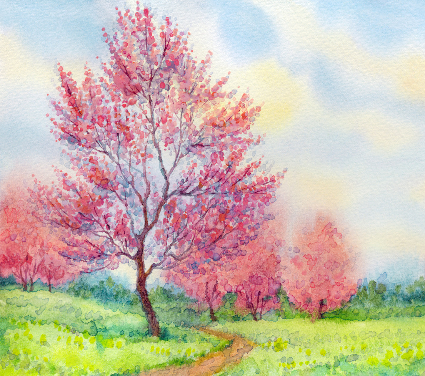 Pink Flower Tree Watercolor Painting Print 100% Australian Made