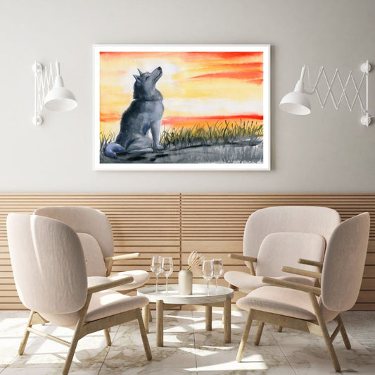 Wolf at Sunset Watercolor Paint Home Decor Premium Quality Poster Print Choose Your Sizes