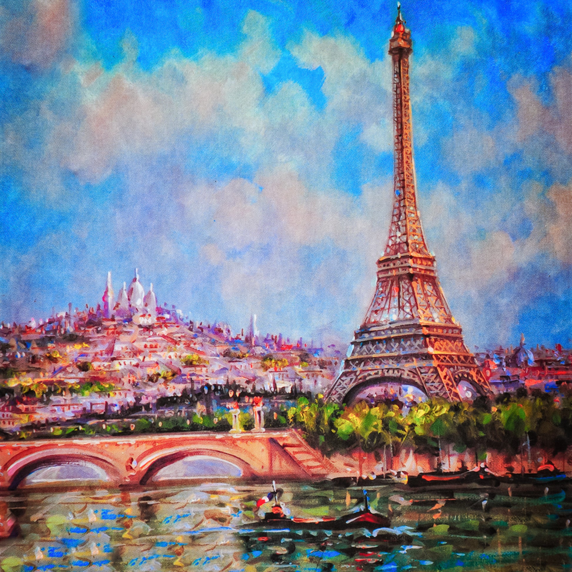 Square Canvas Eiffel Tower & Bridge with River Watercolor Painting High Quality Print 100% Australian Made