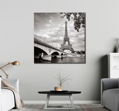 Square Canvas Eiffel Tower & Bridge B&W Photograph High Quality Print 100% Australian Made