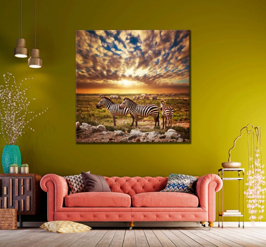 Square Canvas Zebras at Sunset Photograph High Quality Print 100% Australian Made