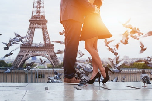 Couple Near Eiffel Tower Sunset Photograph Print 100% Australian Made