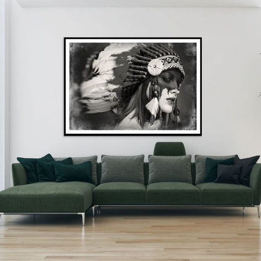 Girl With Feather Headdress B&W Photograph Home Decor Premium Quality Poster Print Choose Your Sizes
