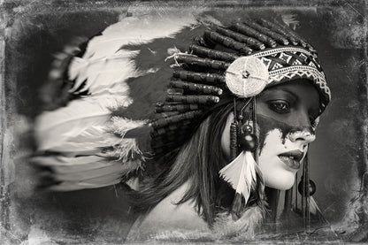 Girl With Feather Headdress B&W Photograph Home Decor Premium Quality Poster Print Choose Your Sizes