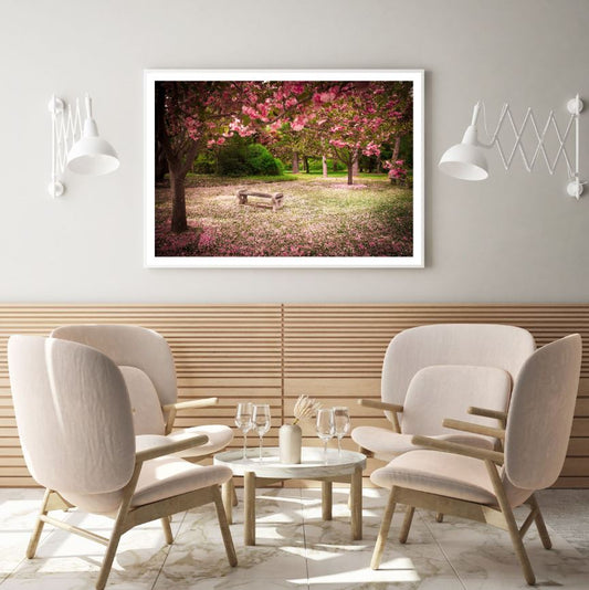 Bench in Blossom Tree Park Scenic Photograph Home Decor Premium Quality Poster Print Choose Your Sizes