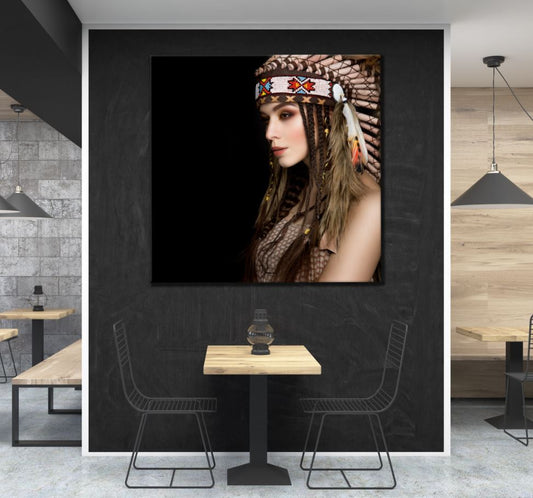 Square Canvas Indian Girl with Feather Headdress Photograph High Quality Print 100% Australian Made