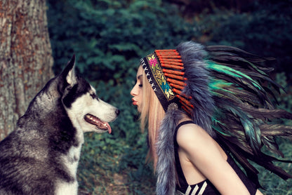 Dog & Indian Girl with Feather Headdress Photograph Home Decor Premium Quality Poster Print Choose Your Sizes