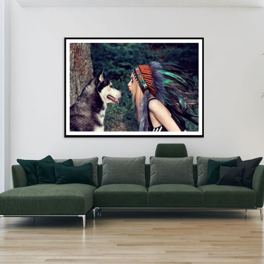 Dog & Indian Girl with Feather Headdress Photograph Home Decor Premium Quality Poster Print Choose Your Sizes