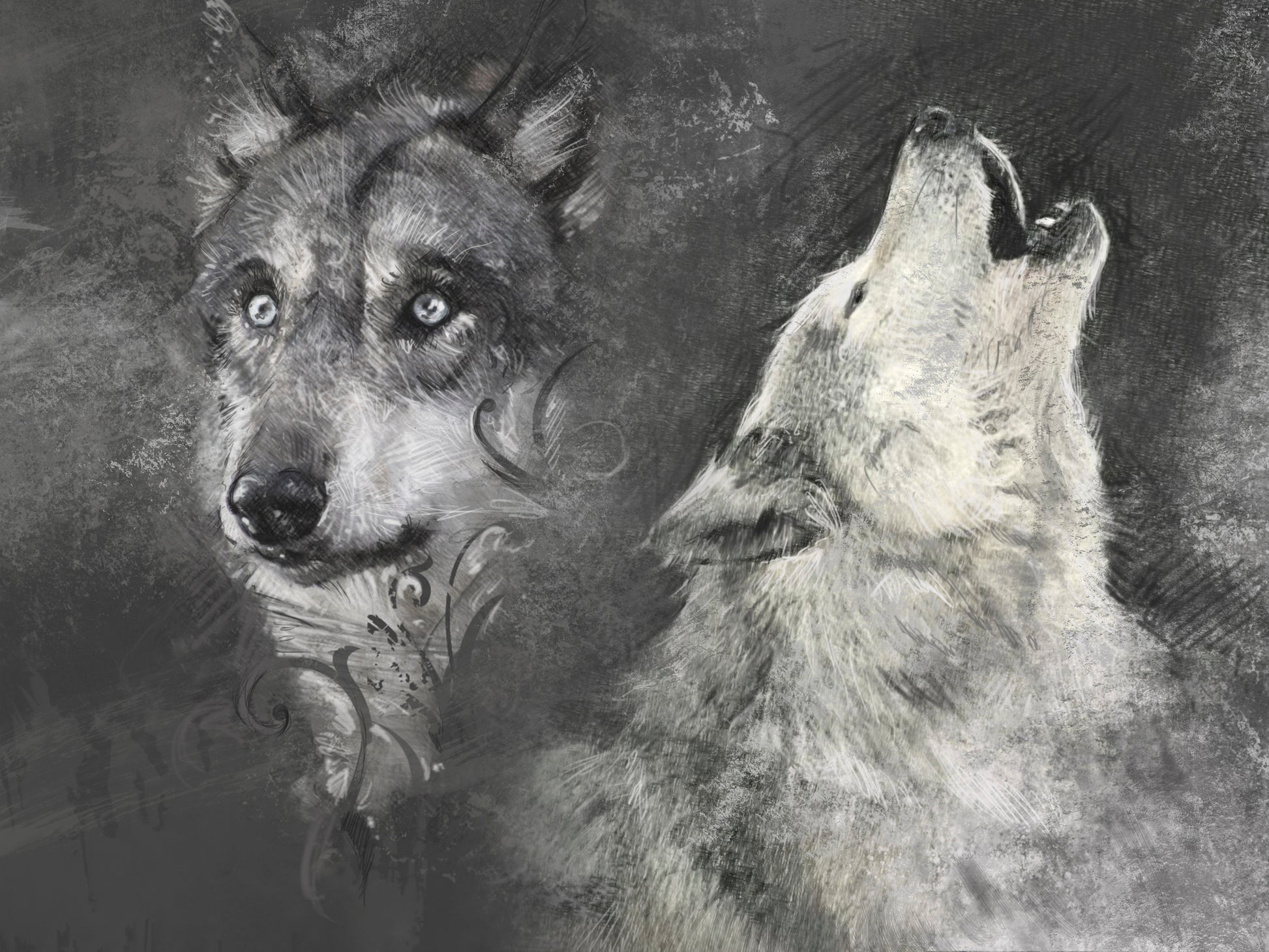 Wolves Portrait B&W Painting Home Decor Premium Quality Poster Print Choose Your Sizes