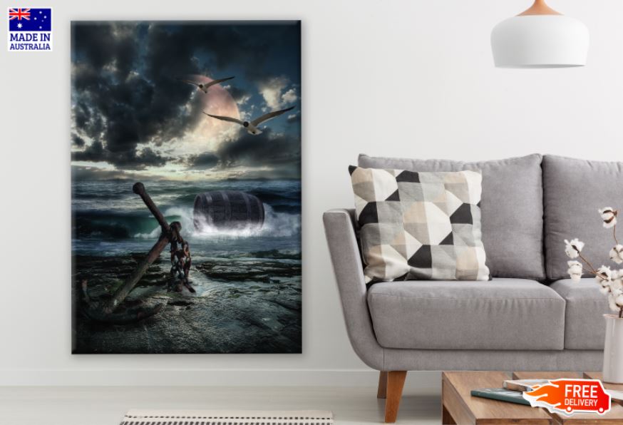 Anchor & Barrel on Sea Night View Scenery Print 100% Australian Made