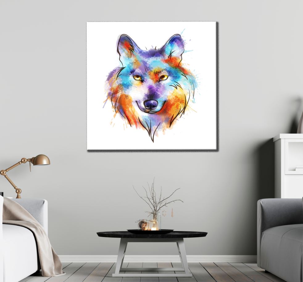 Square Canvas Colorful Wolf Portrait Watercolor Painting High Quality Print 100% Australian Made