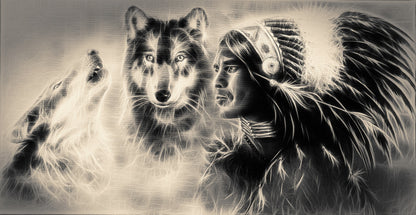 Wolves & Indian Man B&W Drawing Home Decor Premium Quality Poster Print Choose Your Sizes