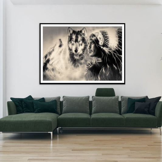 Wolves & Indian Man B&W Drawing Home Decor Premium Quality Poster Print Choose Your Sizes