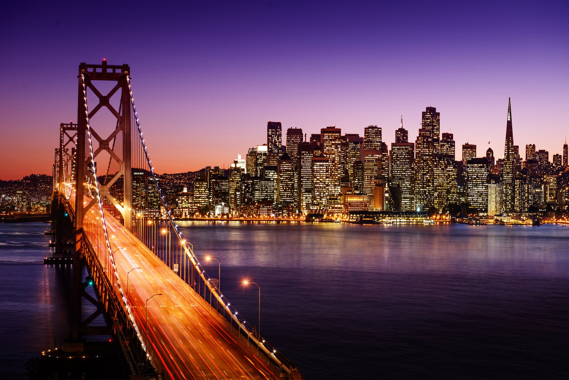 San Francisco Skyline & Bay Bridge at Sunset Photograph Home Decor Premium Quality Poster Print Choose Your Sizes