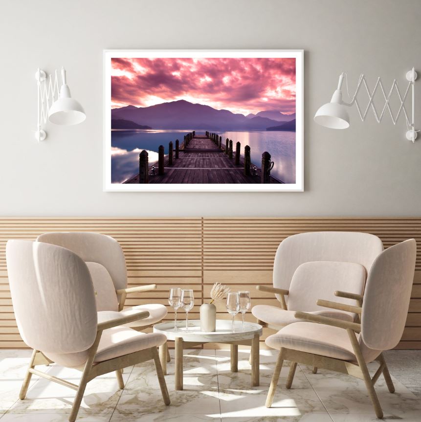 Wooden Pier Over Lake at Sunset Photograph Home Decor Premium Quality Poster Print Choose Your Sizes