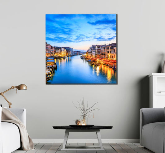 Square Canvas River & Night City Photograph High Quality Print 100% Australian Made