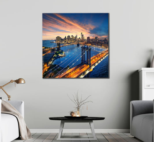 Square Canvas Night City & Bridge Aerial View Photograph High Quality Print 100% Australian Made