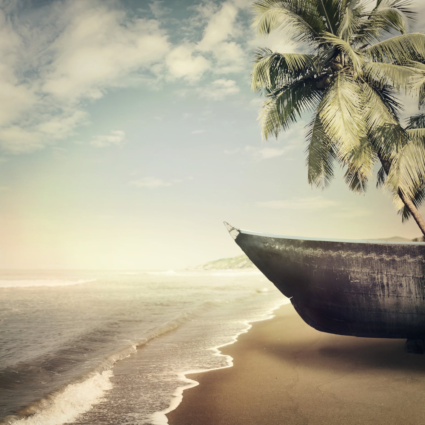 Square Canvas Boat on Beach Palm Tree Photograph High Quality Print 100% Australian Made