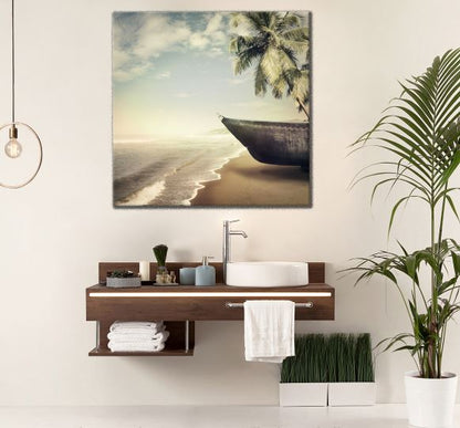 Square Canvas Boat on Beach Palm Tree Photograph High Quality Print 100% Australian Made