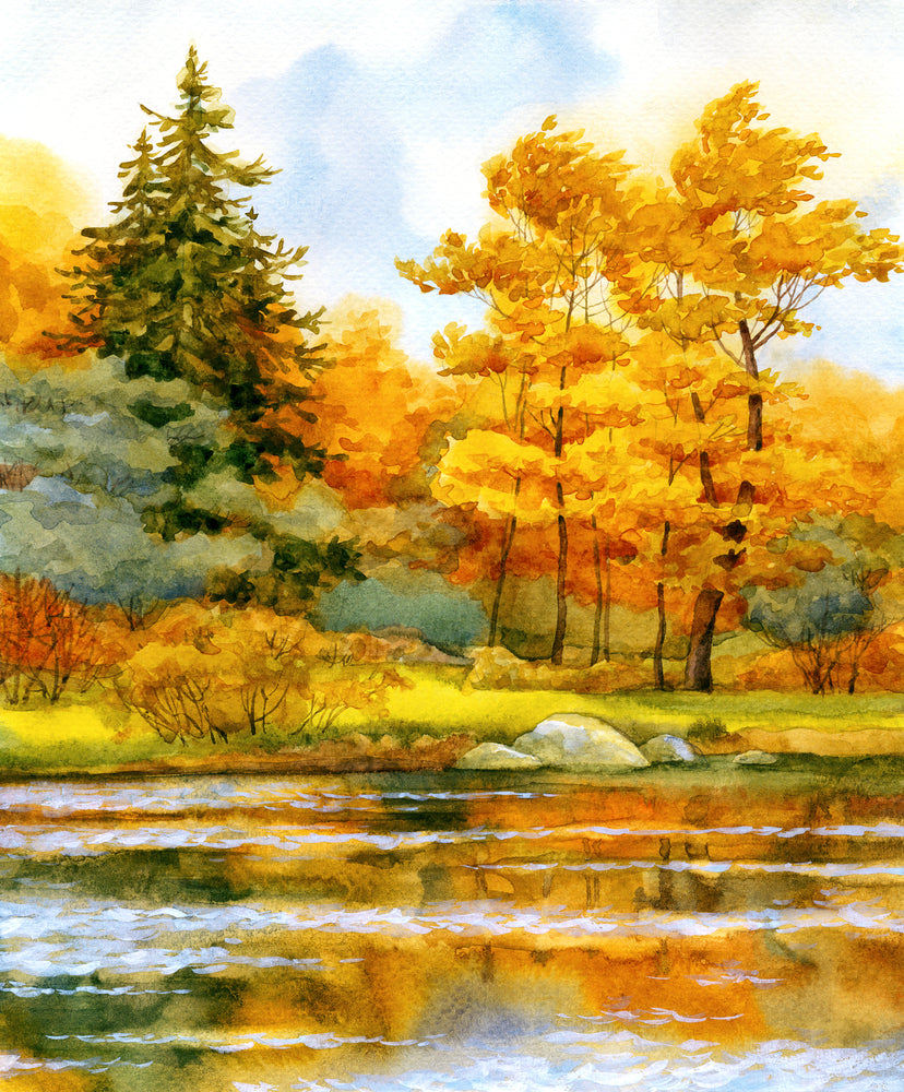 Square Canvas Colorful Lake & Forest Watercolor Painting High Quality Print 100% Australian Made