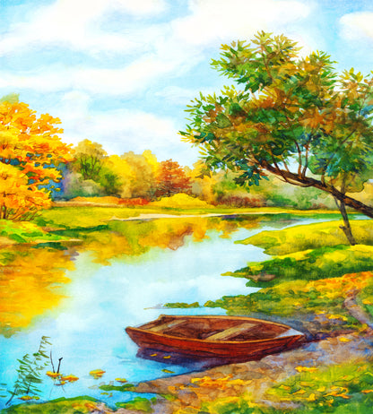 Square Canvas Colorful Lake & Forest Watercolor Painting High Quality Print 100% Australian Made