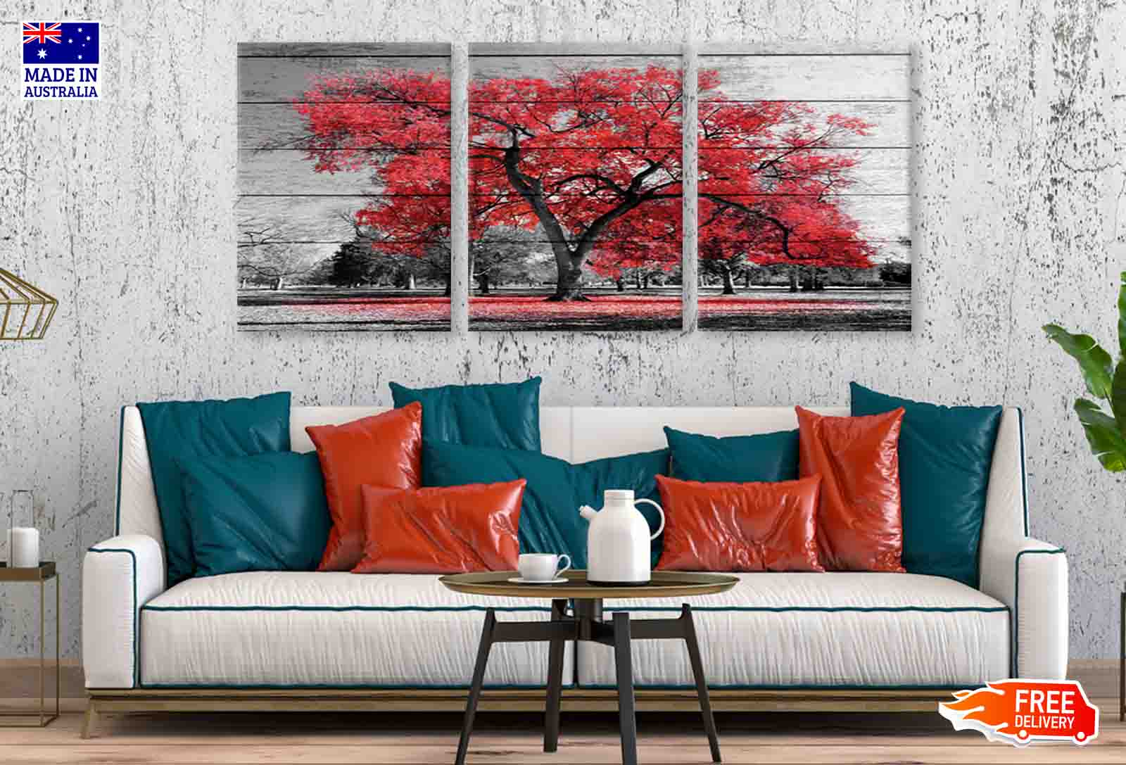 3 Set of Red Autumn Tree B&W View Photograph High Quality Print 100% Australian Made Wall Canvas Ready to Hang