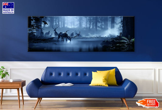 Panoramic Canvas Deers in Deep Forest Design High Quality 100% Australian made wall Canvas Print ready to hang