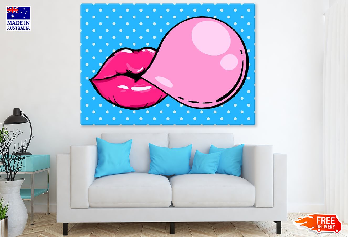 Woman pink lips with gum bubble Print 100% Australian Made