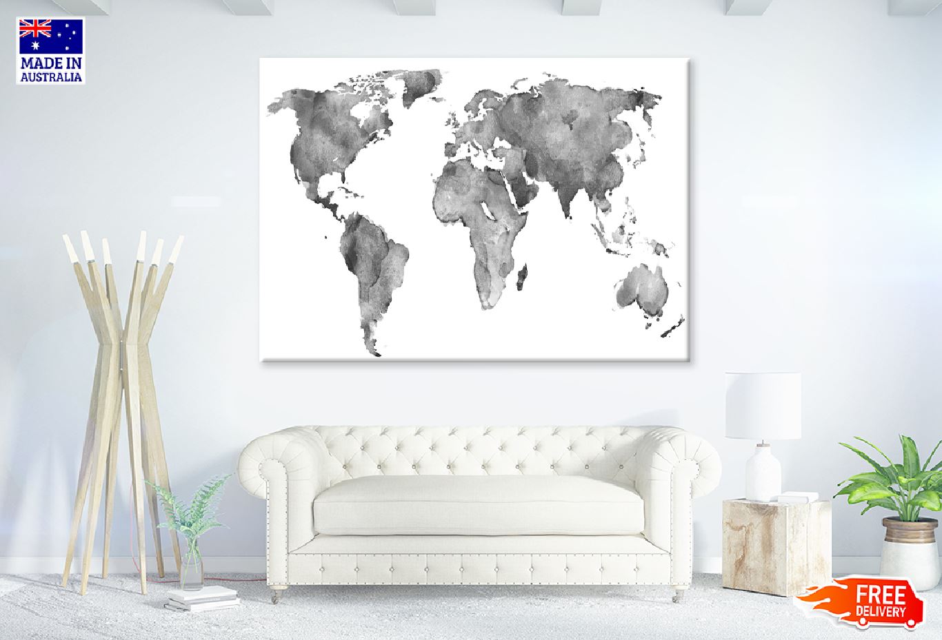 World Map B&W Watercolor Painitng Print 100% Australian Made